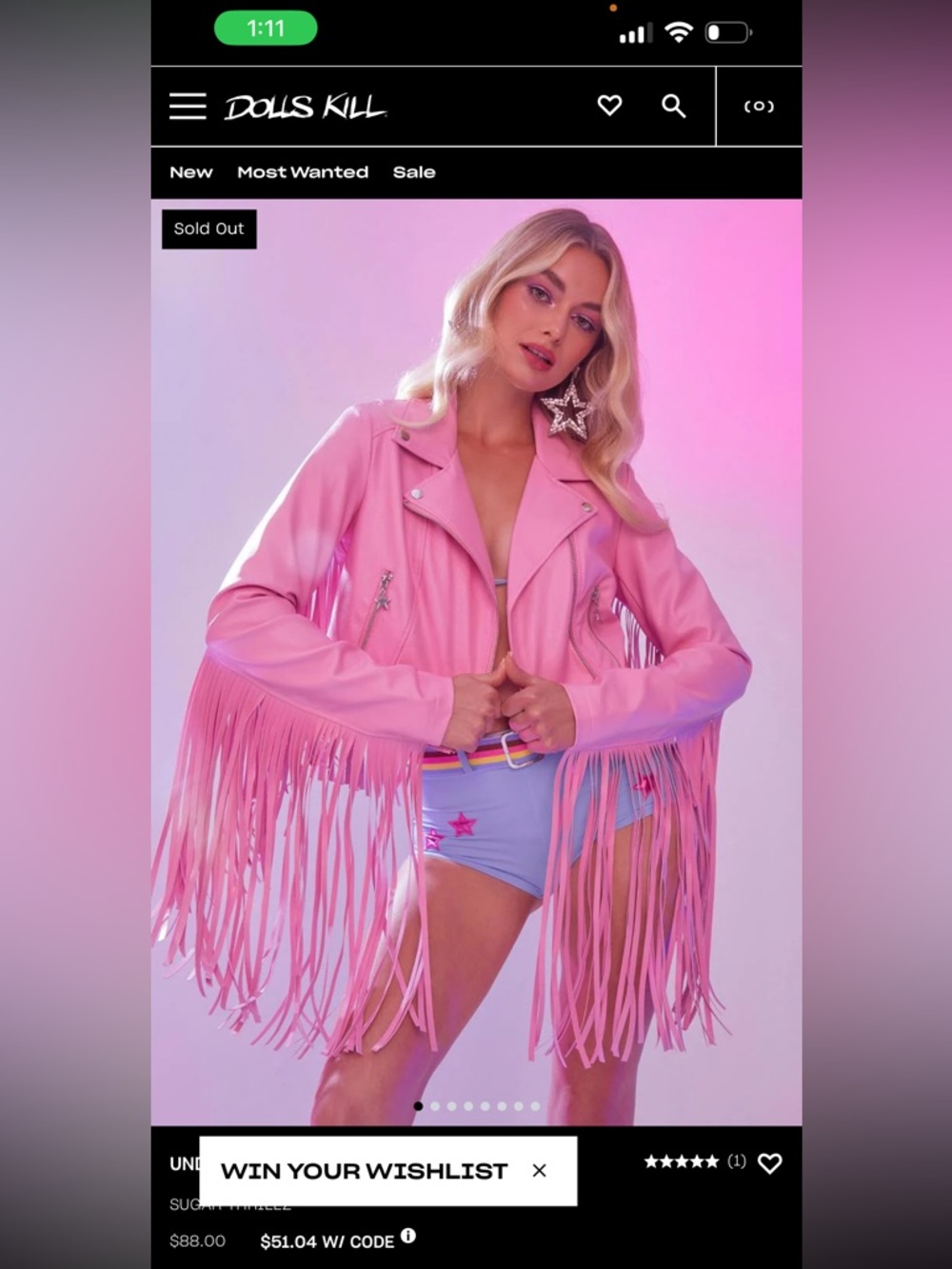 Dolls Kill Pink Cropped Fringe Faux Leather Moto Jacket - Picture 7 of 9